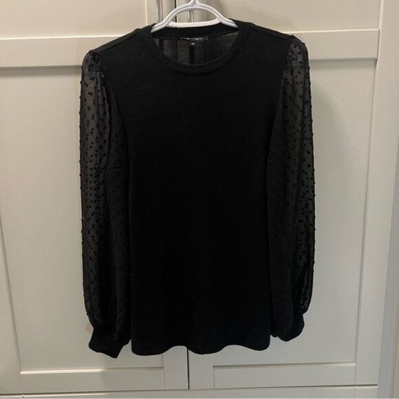 LILY MORGAN Black Light Sweater with Sheer Polka Dot Embroidered Sleeves Size SM - Picture 1 of 6